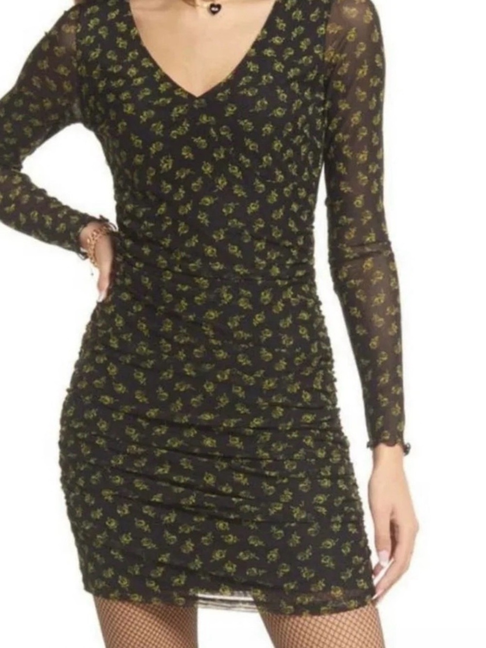 BP - Black Mesh Long-Sleeve V-Neck Dress with Green Floral Print